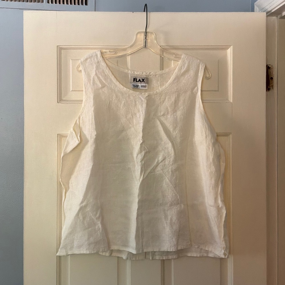 FLAX 100% Linen Sleeveless Textured Top White Large 14 16 18 Lagenlook Coastal